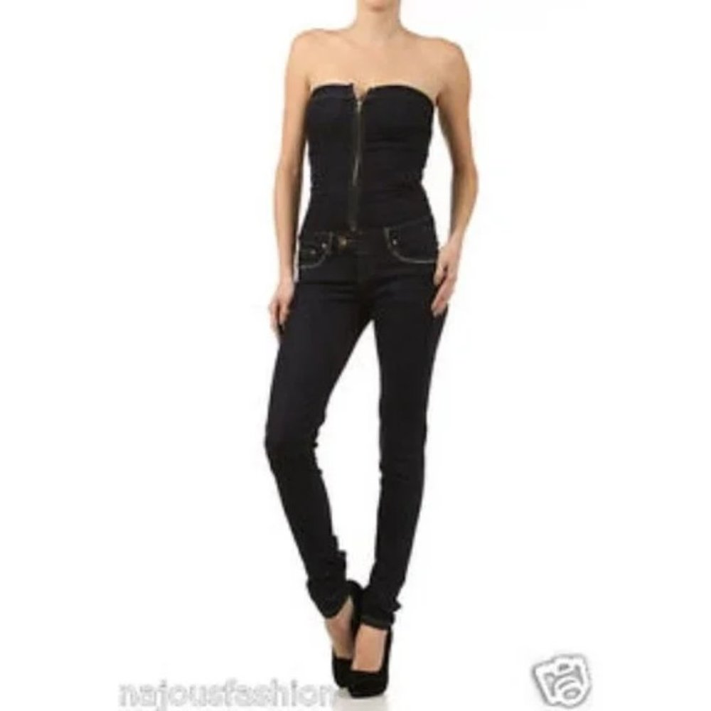 💋BOHO CHIC💋 Vintage 90s Gold-Stitched Denim Strapless Jumpsuit